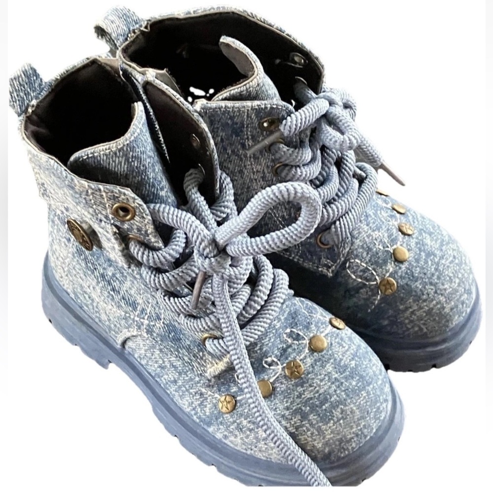 Stylish Jeans Girls Denim Combat Boots  Lace- Up With Studs Side Zipper Size10
